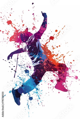 Abstract young man break dancing from watercolor splashes. Vector illustration