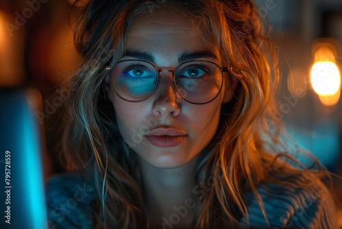 Intense blue light shines on a woman with glasses engrossed in her work