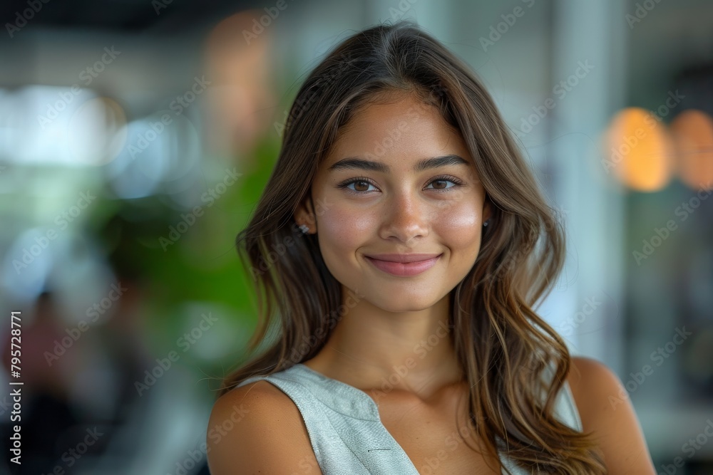 Portrait of a young woman with a subtle smile, wearing a light dress with a blurred background Portrait of a young woman with a subtle smile, wearing a light dress with a blurred background