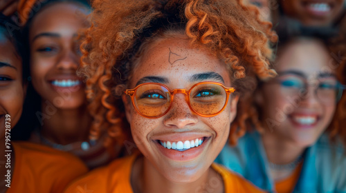 Group of Young Women Wearing Orange Glasses. Generative AI © jul_photolover