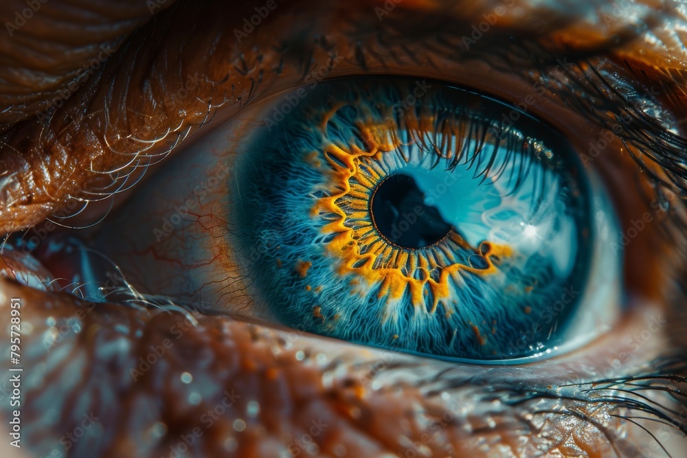 Extremely detailed macro shot capturing the complex patterns and vibrant colors of a human iris and eye texture Extremely detailed macro shot capturing the complex patterns and vibrant colors of a human iris and eye texture