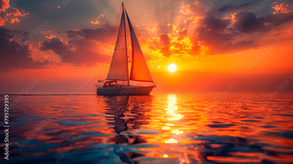 Sailboat Sailing in Ocean at Sunset. Generative AI
