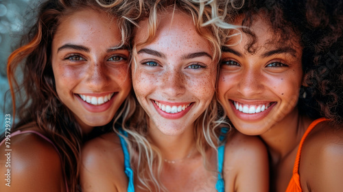 Three Young Women Smiling and Posing Together. Generative AI
