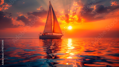 Sailboat Sailing in Ocean at Sunset. Generative AI