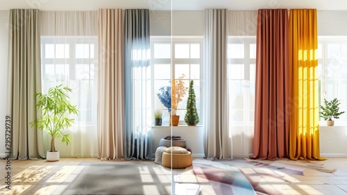 images depicting a home with windows dressed in different curtains for each season: light sheers for spring, blackout for summer, thermal for autumn, and insulated for winter photo