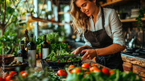 Woman Making a Salad in a Kitchen. Generative AI