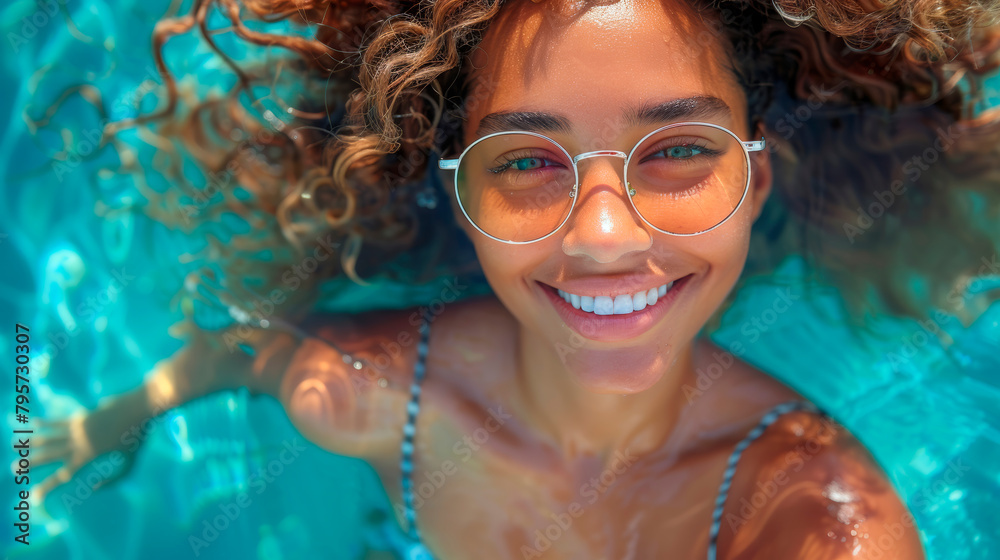 Woman Wearing Glasses Swimming in Pool. Generative AI