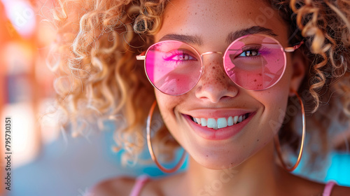 Smiling Woman in Pink Glasses. Generative AI
