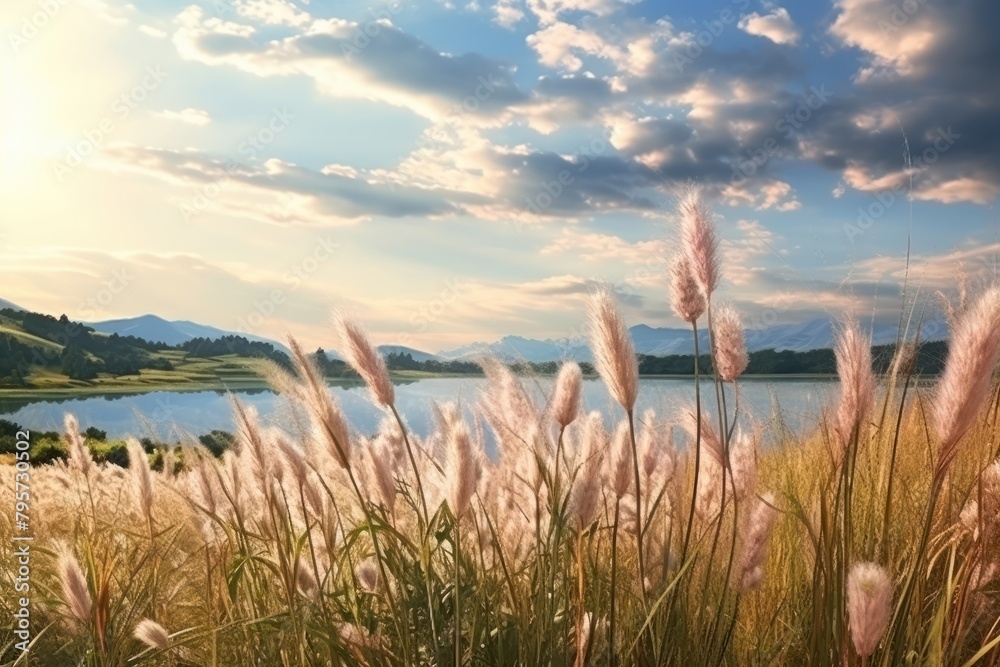 Natural panoramic countryside summer landscape grass outdoors.