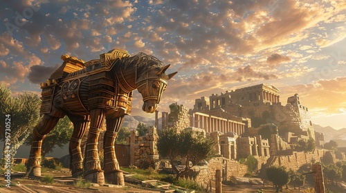 Trojan-style wooden horse in front of ancient Greek city wall.