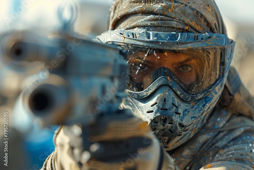 A detailed snapshot focusing on a camouflaged soldier holding a firearm, with emphasis on military strife