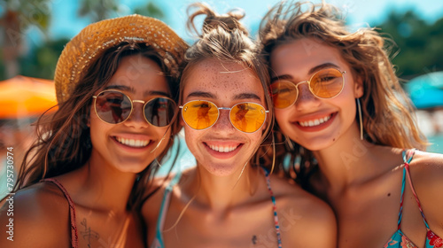 Three Young Women Wearing Sunglasses and Hats. Generative AI © jul_photolover
