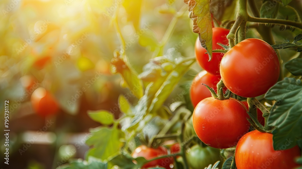 Beautiful red ripe heirloom tomatoes grown in a greenhouse. Gardening tomato photograph with copy space. Shallow depth of field. AI generated illustration