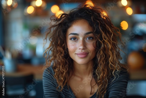 Cheerful young woman with curly hair smiling in a cafe setting, conveying a warm and inviting atmosphere