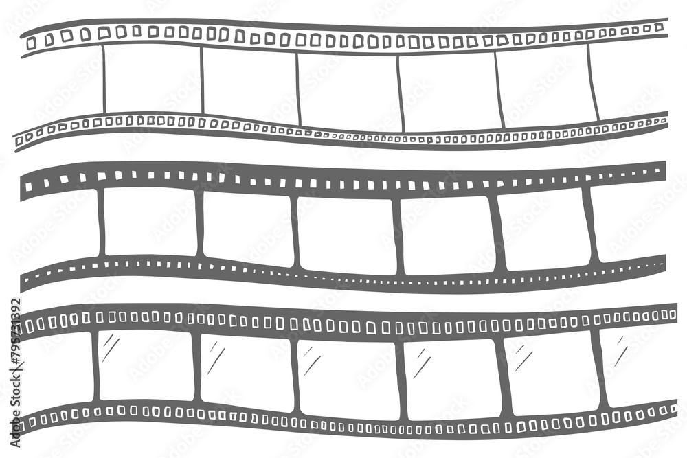 Fototapeta premium Set of film strips in doodle style. Cinema and photo, cinema tape, photo frame, cinema film tape roll 35 mm, blank slide frames. Old retro film strip frame. Vector illustration. Hand drawn