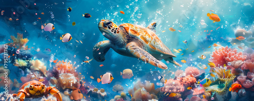 Cartoon illustration of turtle swimming in ocean among colorful fish.