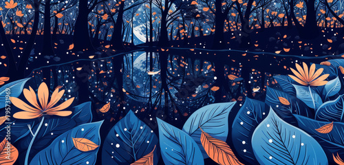 An illustration of a surreal forest with reflection in water and foliage
