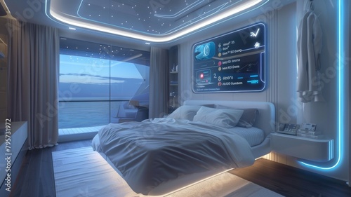 futuristic bedroom where voice-controlled curtains change opacity based on time of day to optimize room temperature, with a digital wall panel showing climate control features
