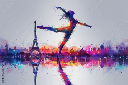 Colorful paint of olympic gymnastics woman in artistic move at eiffel tower