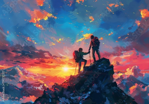 A photo of two hikers helping each other reach the top  with breathtaking mountain scenery and sunset in the background. The scene captures their determination to successfully help each other 