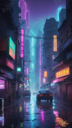 Dystopian Downpour, A Surreal Cityscape Shrouded in Rain and Bathed in Neon Lights.