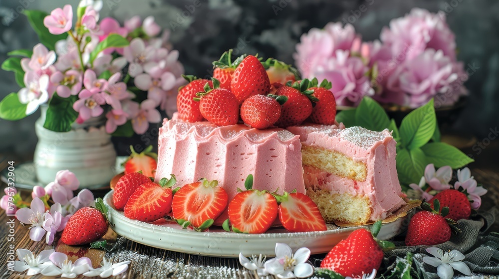 A tight shot of a cake on a plate, adorned with strawberries, and surrounded by flowers A tight shot of a cake on a plate, adorned with strawberries, and surrounded by flowers