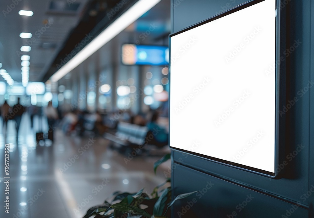 Blank white digital signage mockup hanging on the wall in airport, close up shot Blank white digital signage mockup hanging on the wall in airport, close up shot