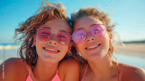 Two Young Girls Wearing Pink Sunglasses on the Beach. Generative AI