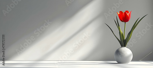 An illustration of a single tulip in a slim vase against a stark white background #795733118