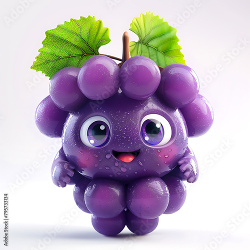Funny cute bunch of purple grapes with hands and eyes, 3d illustration on a white background, for advertising and design of fruit dishes © Dmitry