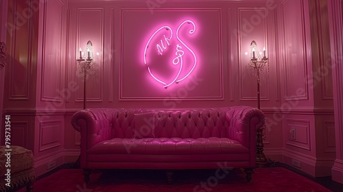   A pink couch lies in a room beside a wall, adorned with a neon sign Above, a chandelier suspends from the ceiling photo