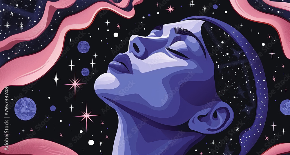 An illustration of a portrait of a woman with her eyes closed against the background of a starry night sky