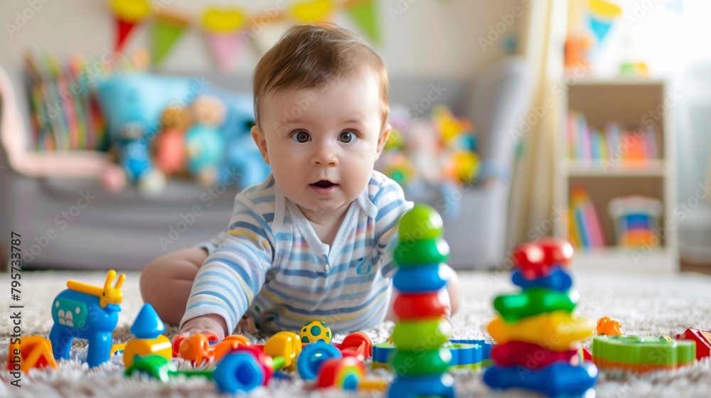 Adorable baby boy playing with stacking building blocks at home while sitting on carpet in living room. Adorable baby boy playing with stacking building blocks at home while sitting on carpet in living room.