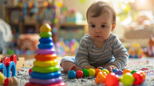 Adorable baby boy playing with stacking building blocks at home while sitting on carpet in living room.