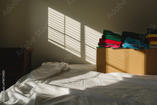 Moving to new home. Cardboard box with clothes standing on white bed in empty room. Real estate, rent and buy, renovation, removals and delivery service © vejaa