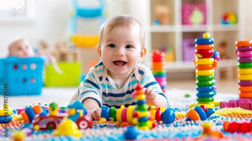 Adorable baby boy playing with stacking building blocks at home while sitting on carpet in living room.