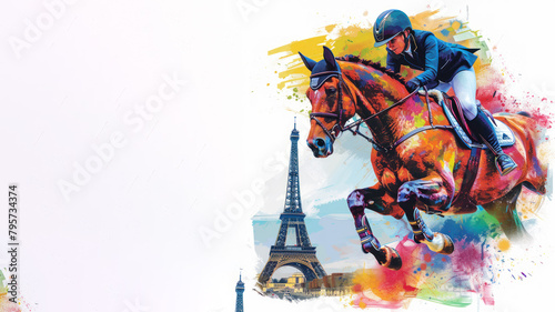 Equestrian Sport show jumping olympic games in colorful illustration paint