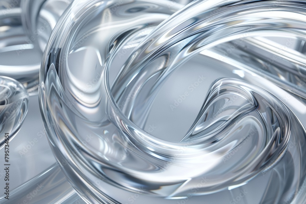 Abstract geometric silver background with glass spiral tubes, flow clear fluid with dispersion and refraction effect, crystal composition of flexible twisted pipes, modern 3d wallpaper, design element