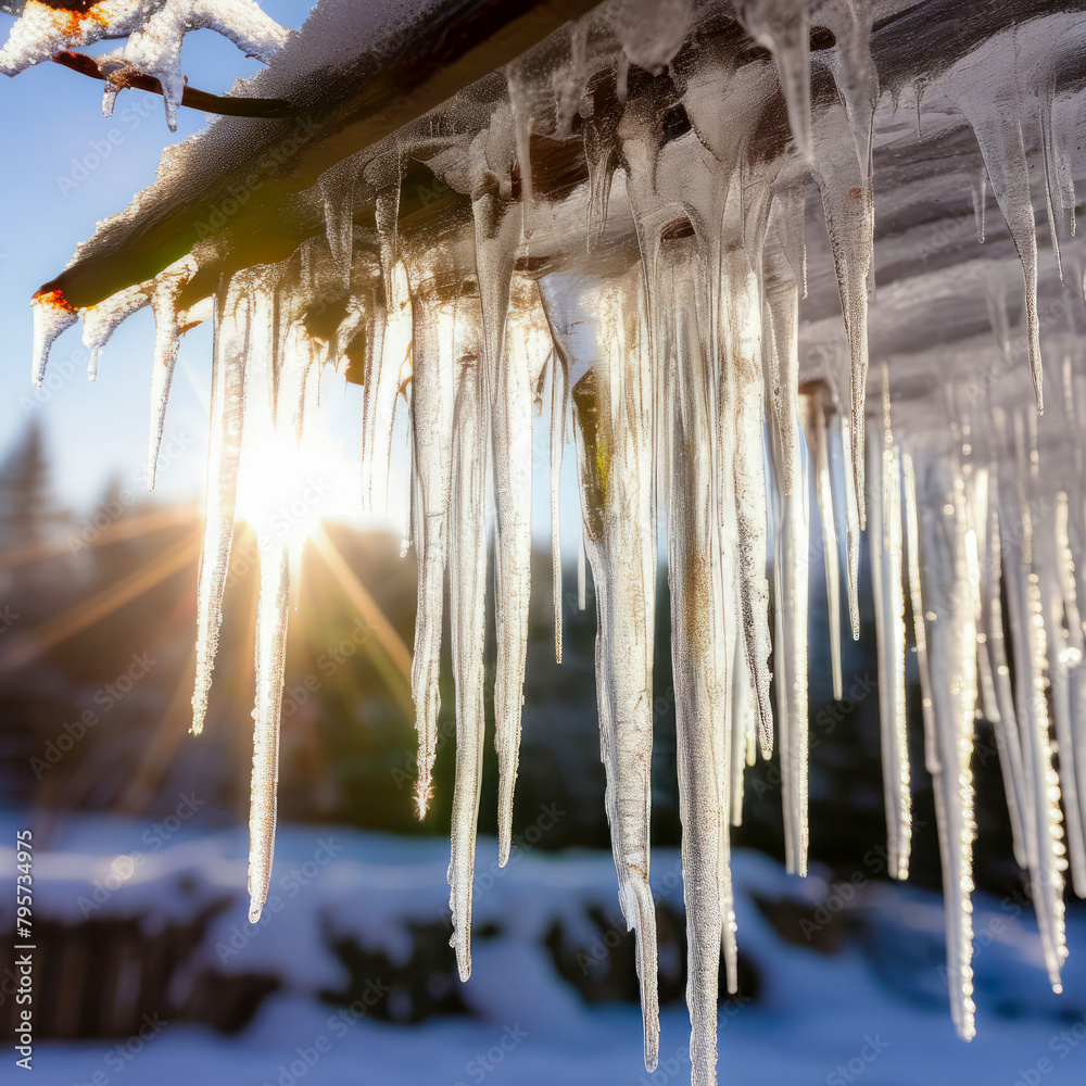 Icicles on the roof of a wooden house against the backdrop of the bright sun