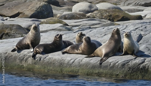 A family of seals basking on a rocky outcrop in th