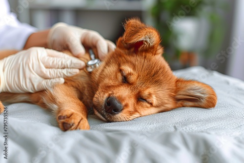 Young brown puppy receiving veterinary care during a checkup.