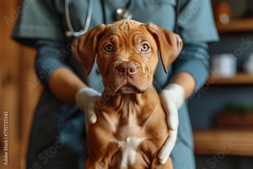 Young brown puppy receiving veterinary care during a checkup. Attentive veterinarian hands caring for an adorable puppy.