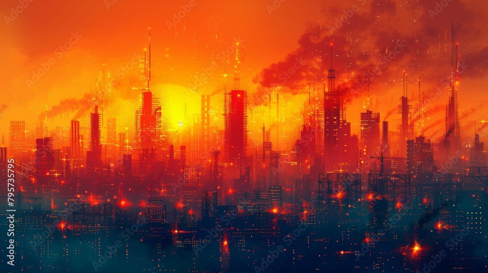 A cityscape with a large sun in the background
