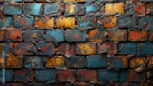 A wall made of old bricks with a blue and yellow color