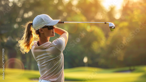 a professional woman playing golf wearing golf sportswear, on golf course