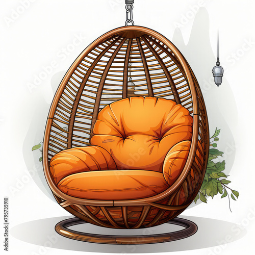 Watercolor a woven wicker egg-shaped hanging chair vector, clipart Illustration, Generative Ai