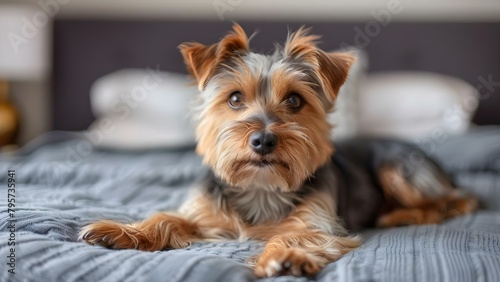 Yorkshire terrier in a cozy bedroom setting with copy space available. Concept Pet Photography, Cozy At-Home Shoot, Yorkshire Terrier, Bedroom Setting, Copy Space