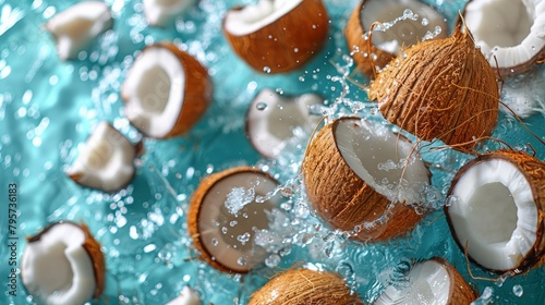  A tight shot of numerous coconuts against a blue backdrop, surrounded by water cascading from above