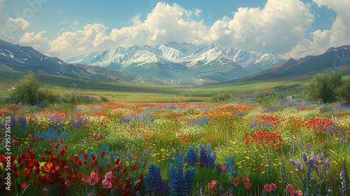  background includes a mountain range and a blue sky dotted with clouds