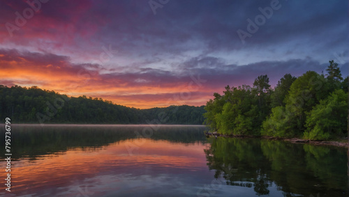 Lakeside Luminance, A Vibrant Landscape with a Serene Lakeside Scene, Reflecting the Radiant Colors of Dawn.